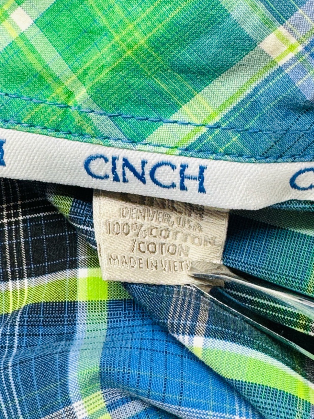 Cinch cowboy Plaid Button Down Shirt Mens Blue Green Short Sleeve western M - Picture 4 of 12